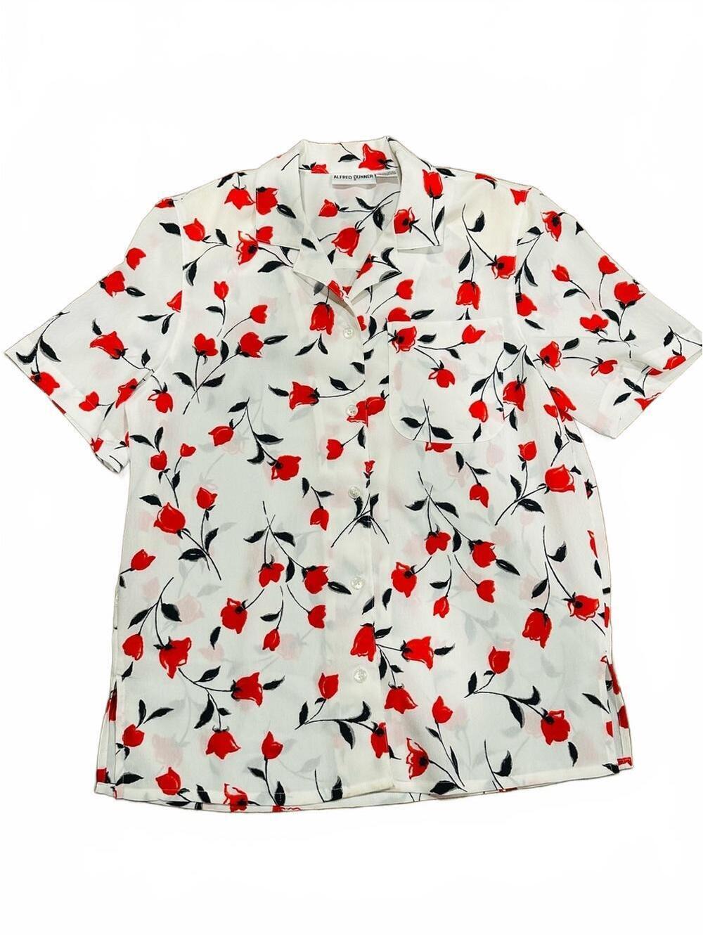 Vintage sheer white button up with red tulips and shoulder pads